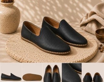 Handmade Black Leather Yemeni Shoes, Ottoman Turkish Slippers