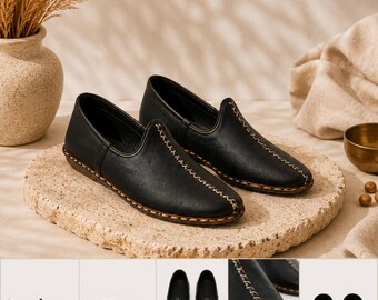 Black Leather Yemeni Shoes, Handmade Turkish Ottoman Loafers