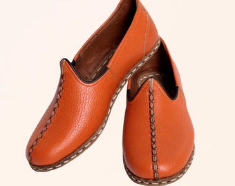 Orange Leather Yemeni Shoes, Handmade Turkish Barefoot Loafer