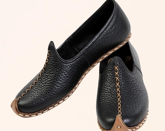 Men's Black Leather Barefoot Yemeni Shoes, Handmade Turkish Loafer
