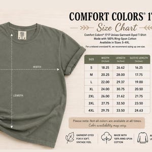 May include: A sage green Comfort Colors 1717 unisex garment-dyed t-shirt displayed next to a size chart. The chart lists width, length, and sleeve length measurements in inches for sizes S through 4XL, noting 100% ring-spun cotton material.