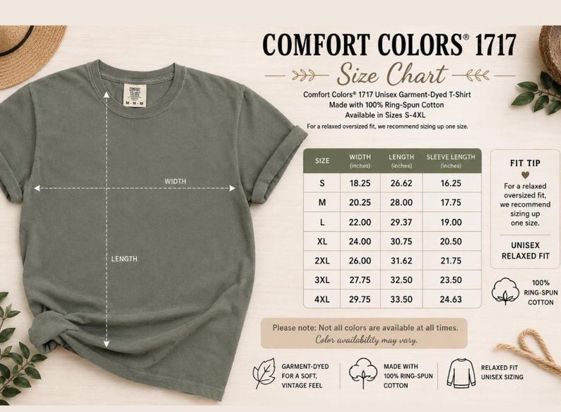 May include: A sage green Comfort Colors 1717 unisex garment-dyed t-shirt displayed next to a size chart. The chart lists width, length, and sleeve length measurements in inches for sizes S through 4XL, noting 100% ring-spun cotton material.