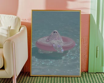 Glitter Ghost on Pink Pool Float Print – Whimsical Summer Wall Art (Digital Download)