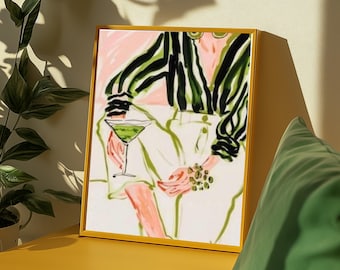 Martini Art Print: Chic Woman Illustration, Green & Pink (Digital Download)