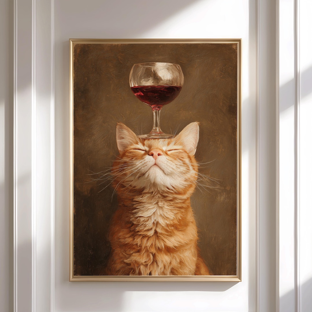 Funny Cat Wine Wall Art | Cute Ginger Cat Poster | Whimsical Animal ...