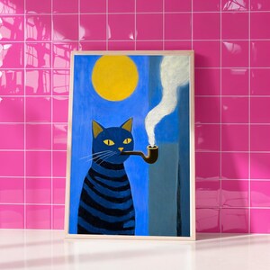 Blue Cat Smoking Pipe – Whimsical Retro Art Print