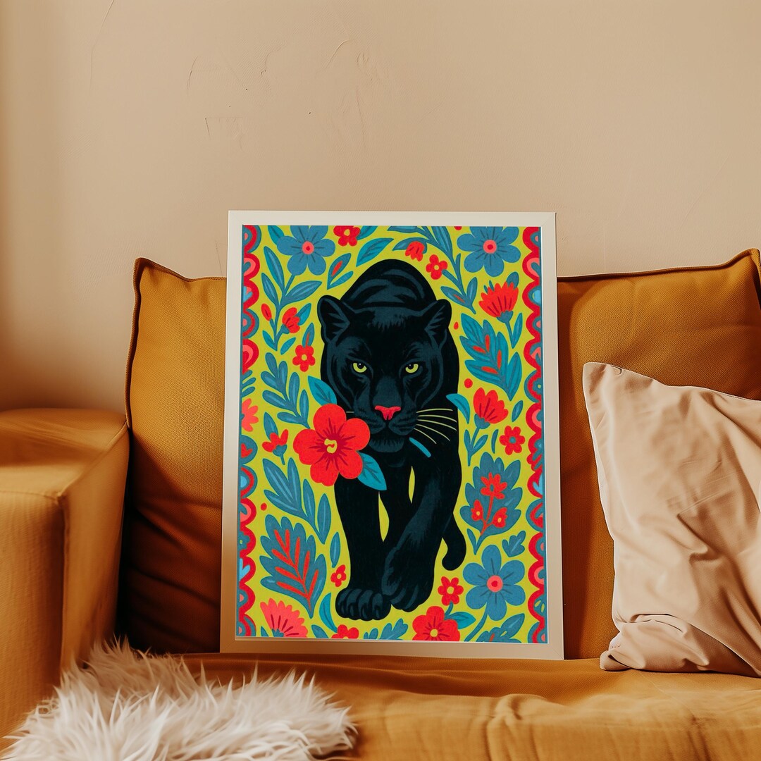 Fierce Black Panther Floral Art Print – Bold Jungle Wall Decor for ...