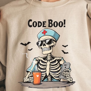 Skeleton Nurse Halloween Shirt, Code Boo Nurse Sweater, Spooky Skeleton Coffee Halloween Shirt, Halloween Spooky Nurse Shirt