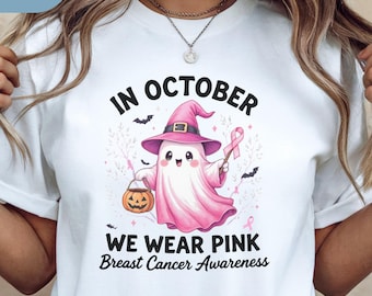 En octobre, nous portons une chemise rose ; Sensibilisation au cancer du sein d'Halloween ; T-shirt rose à ruban ; Chemise fantôme du cancer ; Boo Tee, sensibilisation au cancer du sein