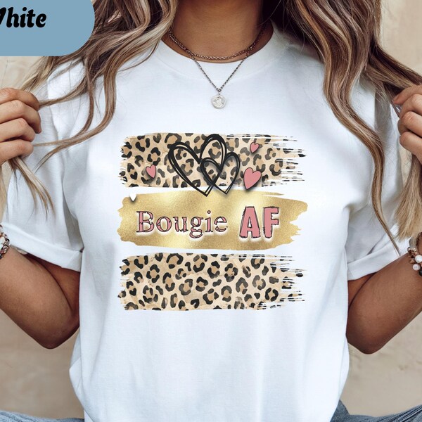 Bougie AF Leopard Shirt, Funny Boutique Graphic Tee, Gold Brushstroke Trendy Shirt, Sassy Fashion Top, Cute Heart Design; t-shirt for women