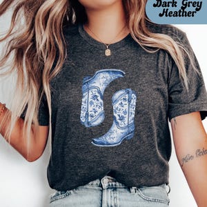 Blue Floral Cowboy Boots T-Shirt – Western Aesthetic Shirt, Cottagecore Cowgirl Graphic Tee, Country Girl Fashion, Vintage Boot Design Shirt
