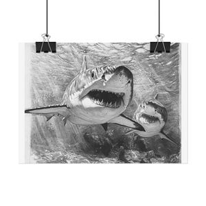 Great White Shark Poster; Sea Life Poster; Dynamic Shark Art Print, Nautical Home Decor, Ocean Theme Wall Art, Perfect for Beach Lovers