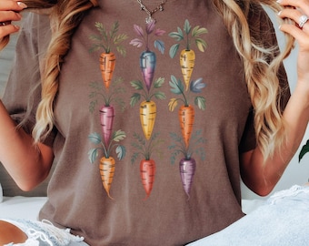 Gardening & Vegetable Tee, Garden Girl Summer; Funny Crop Top, Garden Veggies Crop Top Design; Carrot Shirt, Cute Whimsical Garden Print Tee