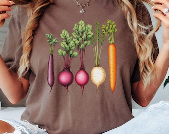 Gardening & Vegetable Tee, Garden Girl Summer; Funny Crop Top, Garden Veggies Crop Top Design; Carrot Shirt, Cute Whimsical Garden Print Tee