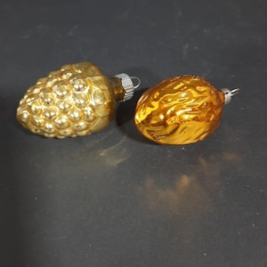 Vintage Gold Glass Christmas Ornaments Pine Cone & Nut Marked &quot;Czechoslovakia&quot;