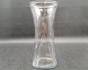 Jarrón cuadrado de cristal transparente vintage con forma retorcida (24 cm de alto x 11,5 cm de diámetro x 10 cm de base)