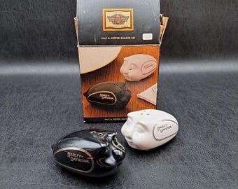 Harley Davidson Hog Salt & Pepper Shaker Set Black White Stoneware 99204-99Z