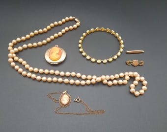 Vintage Cameo Locket, Faux Pearl Necklace & Antique Brooches Jewelry Lot