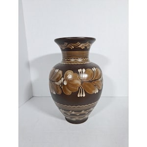 Vintage Hungarian Folk Art Ceramic Vase With Hand-Painted Floral Design