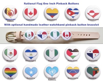 1" National Flag Heart Pin back button - w/ optional handmade leather watchband bracelet