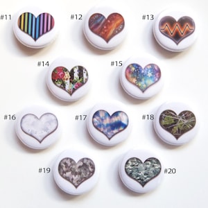 Light hearted Patterned Heart Pin Badges - Mix & Match, Set of 4/1". 20 choices.