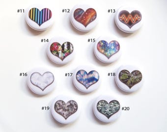 Light hearted Patterned Heart Pin Badges - Mix & Match, Set of 4/1". 20 choices.