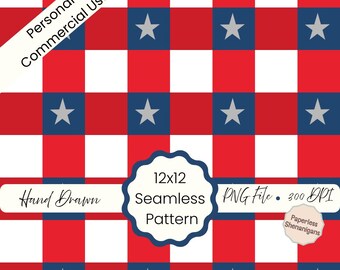 Hand Drawn 4th of July Gingham Seamless Pattern PNG Digital Paper