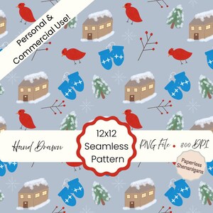 May include: A seamless pattern featuring winter elements like red birds, snow-covered houses, blue mittens, and green pine trees on a light blue background. The design includes the text "Hand Drawn" and "Seamless Pattern".