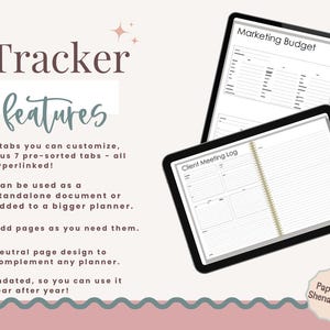 May include: Two digital planners with black frames, one labeled "Marketing Budget" and the other "Client Meeting Log." Text on the left describes features: customizable tabs, standalone or planner use, add pages, neutral design, and undated.
