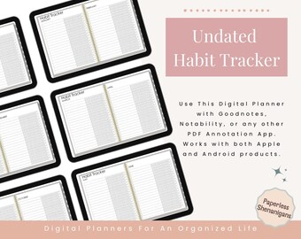 May include: Digital habit tracker displayed on multiple tablets. The undated planner features a grid layout for tracking habits. Text on the image reads "Undated Habit Tracker" and "Digital Planners For An Organized Life."