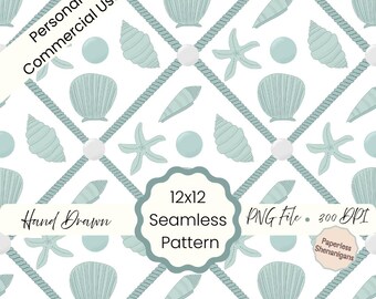 Hand Drawn Vintage Seashells Seamless Pattern PNG Digital Paper