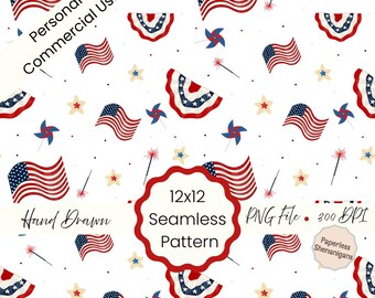 Hand Drawn July 4th Bunting and Cookies Seamless Pattern PNG Digital Paper