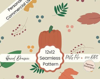 Hand Drawn Fall Foliage Seamless Pattern PNG Digital Paper