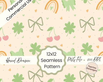 Hand Drawn Golden Coquette St Patrick’s Day Seamless Pattern PNG Digital Paper