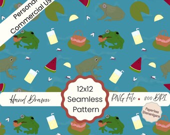 Hand Drawn Grandpa Frog Picnic Seamless Pattern PNG Digital Paper