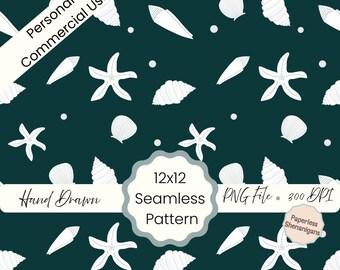 Hand Drawn White Vintage Seashells Seamless Pattern PNG Digital Paper