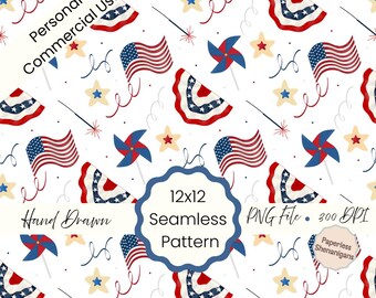 Hand Drawn July 4th Cookies and Bunting Seamless Pattern PNG Digital Paper