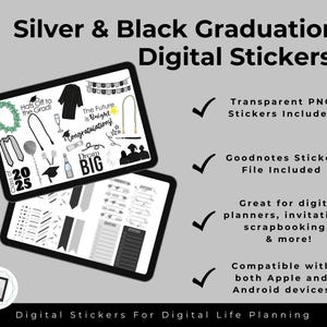 Silver and Black Graduation | Graduation Digital Stickers | Goodnotes Silver and Black Graduation, PNG Sticker Set |Instant Download