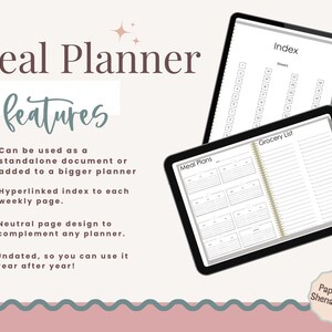 May include: Digital meal planner with "Meal Planner" title and "features" subtitle. Includes a grocery list and meal plan pages. Features include a hyperlinked index and undated design. The text "Paperless Shenanigans" is in the bottom right corner.