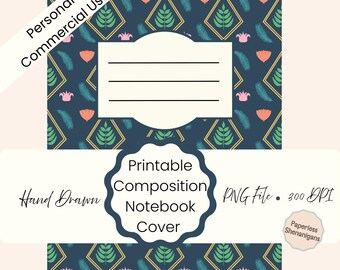 Hand Drawn Art Deco Palms Background Printable Composition Notebook Cover PNG Digital Download