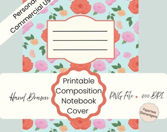 Hand Drawn Multicolored Peonies Printable Composition Notebook Cover PNG Digital Download