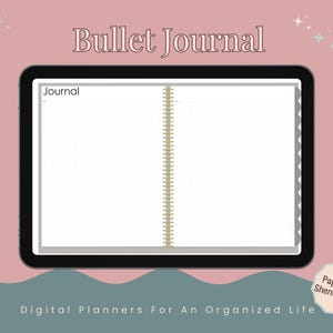 May include: Digital bullet journal displayed on a tablet. The journal is open to a blank spread with a grid pattern. The text "Bullet Journal" is at the top, with "Digital Planners For An Organized Life" at the bottom.