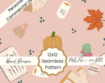 Hand Drawn Cozy Fall Vibes Seamless Pattern PNG Digital Paper