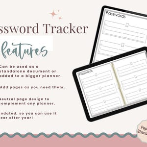 May include: A password tracker with a black cover, featuring the word "Passwords" on the top. The tracker includes sections for recording website names, usernames, and passwords. The image also displays the text "Password Tracker features" and other features.