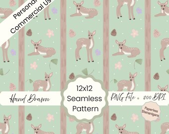 Woodland Fawn Stripes Seamless Pattern PNG Digital Paper