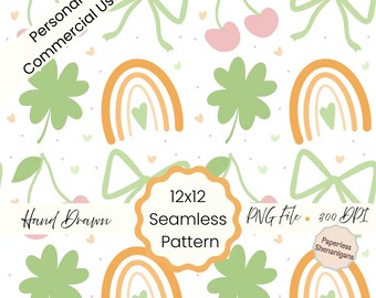 Hand Drawn Rainbows and Bows St Patrick’s Day Seamless Pattern PNG Digital Paper