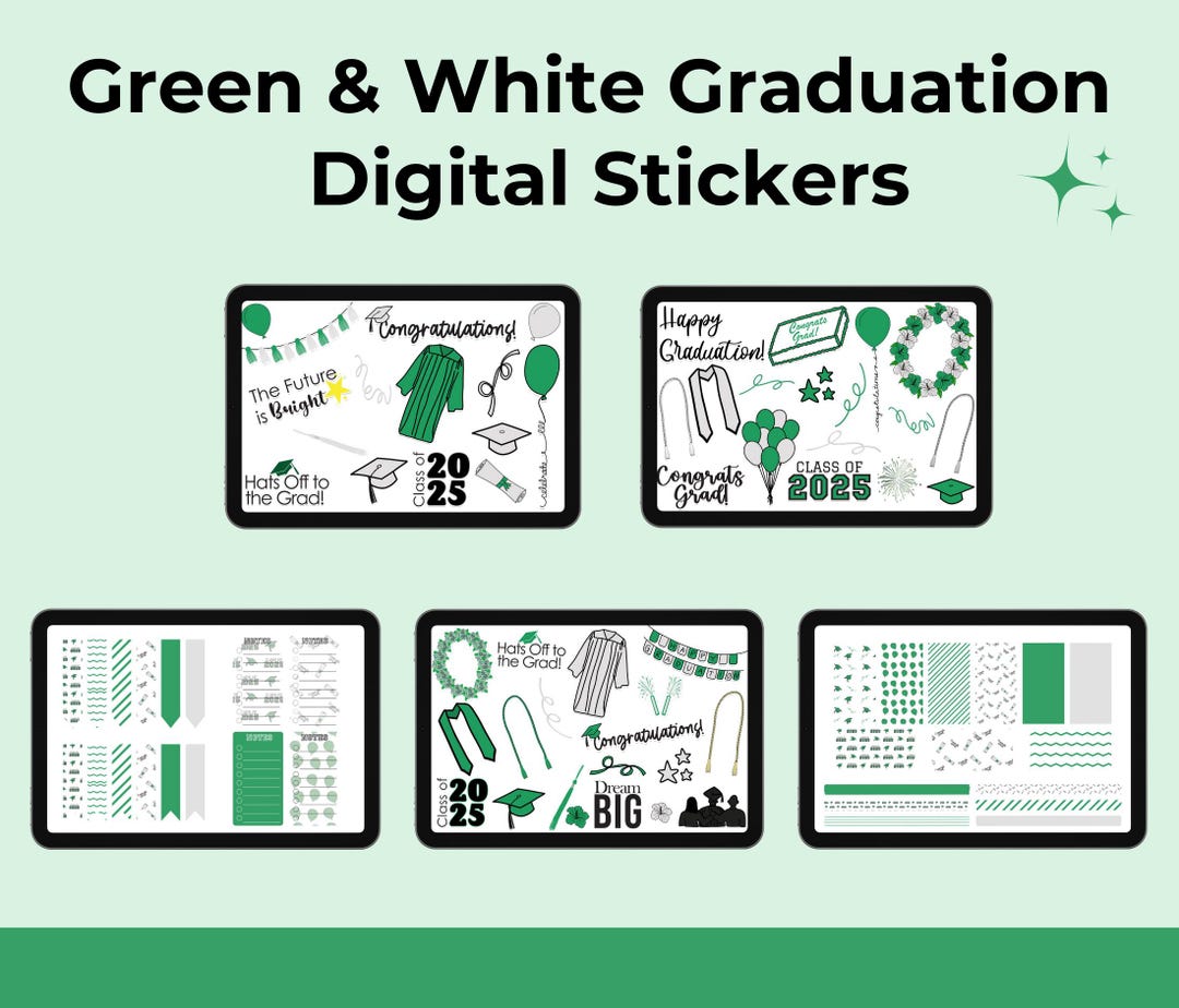 Green and White Graduation Digital Stickers: Goodnotes PNG Set (instant ...