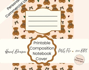 Hand Drawn Teddy Bears Printable Composition Notebook Cover PNG Digital Download