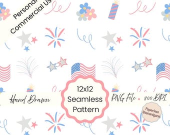 Hand Drawn 250th 4th of July Muted Colors Seamless Pattern PNG Digital Paper