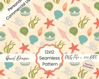 Hand Drawn Summer Seashells Seamless Pattern PNG Digital Paper